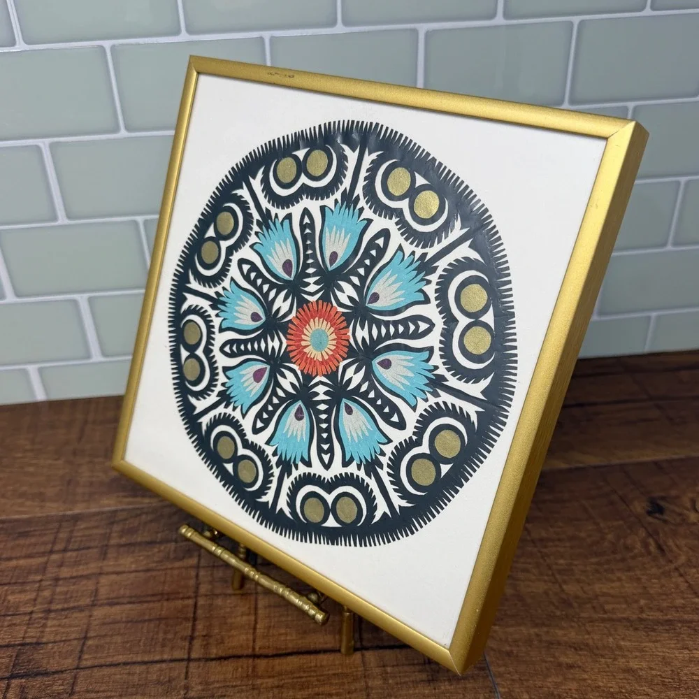 Polish Wycinanki Paper Cut Art Framed Mandala Folk Decor Gold Frame 7.5x7.5